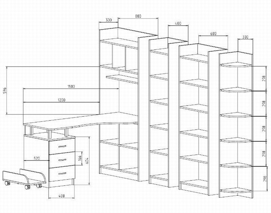 12 чертежей с размерами: стол-стеллаж