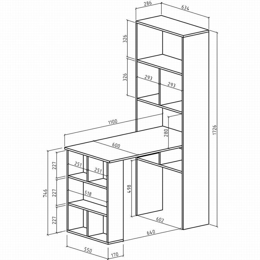 12 чертежей с размерами: стол-стеллаж