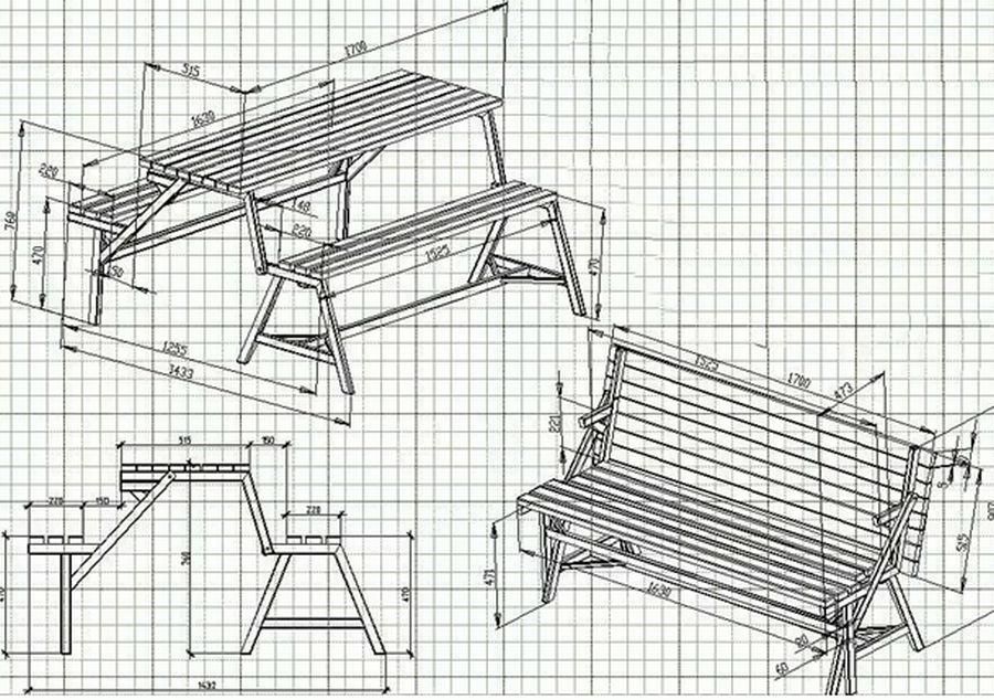 Стол-скамейка раздвижной - 12 чертежей