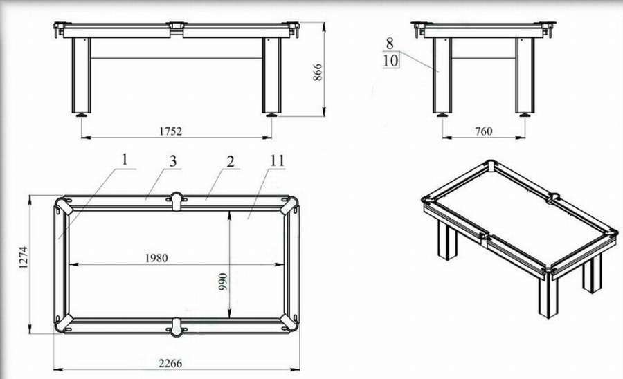 11 чертежей с размерами бильярдного